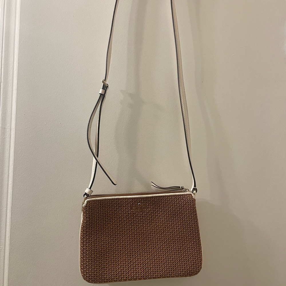kate spade Brown Woven Crossbody Bag with White Strap